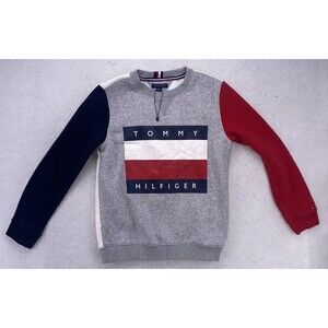 Tommy Hilfiger Sweatshirt Big Boys Size Large 12 14 Grey Heather Flag Logo